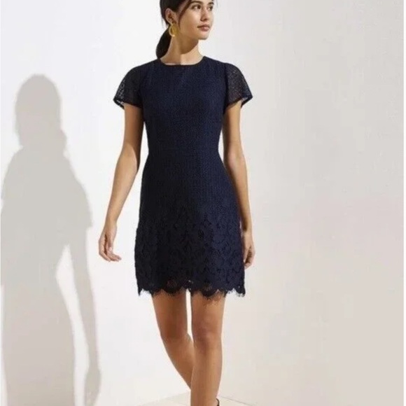 LOFT | NWOT NAVY BLUE SHEATH DRESS SCALLOPED EYELASH LACE LINED | SIZE 0 - Picture 2 of 11